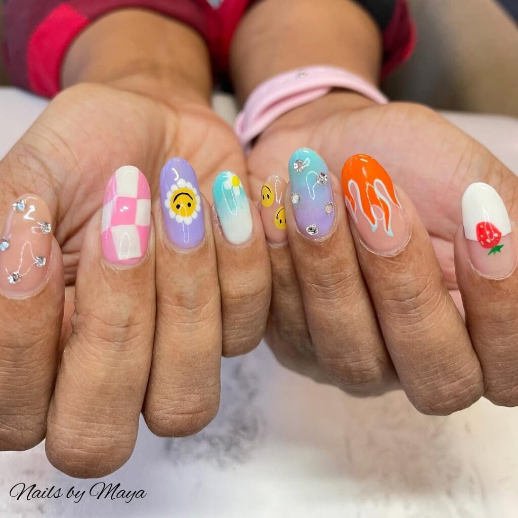 Short Nails with Mismatched Designs