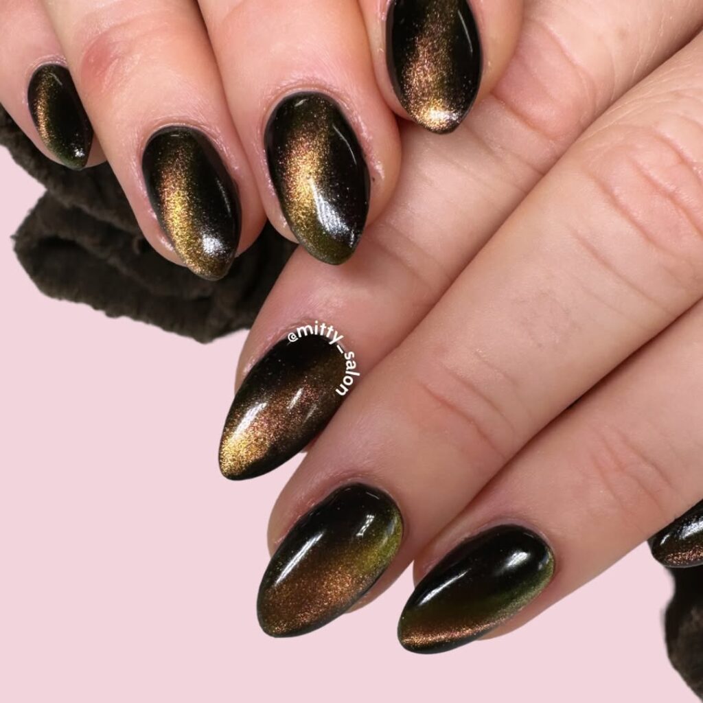 Black Cat Eye Nails with Gold Streaks