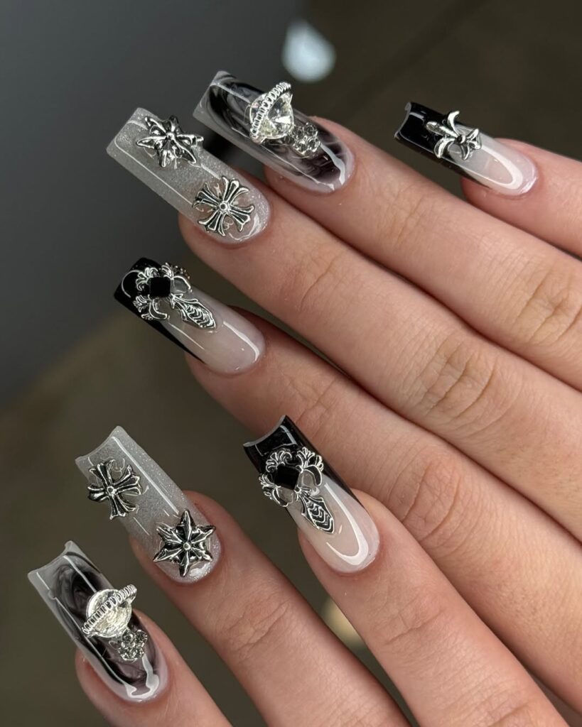 Black & Silver Chrome Nails