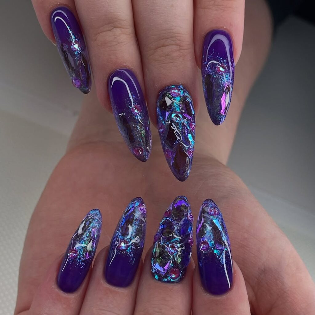 Purple and Silver Foil Nails