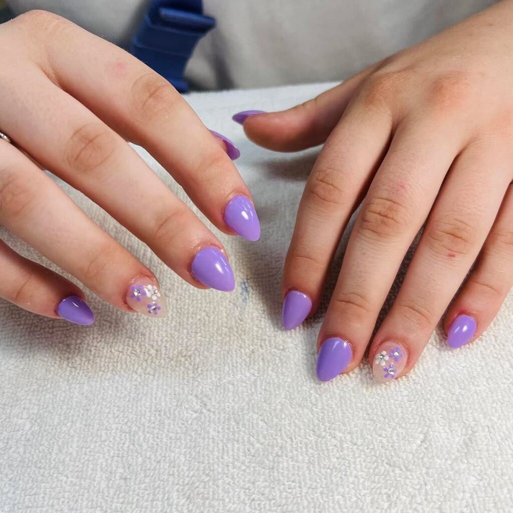 Purple Almond Nails with Rhinestones