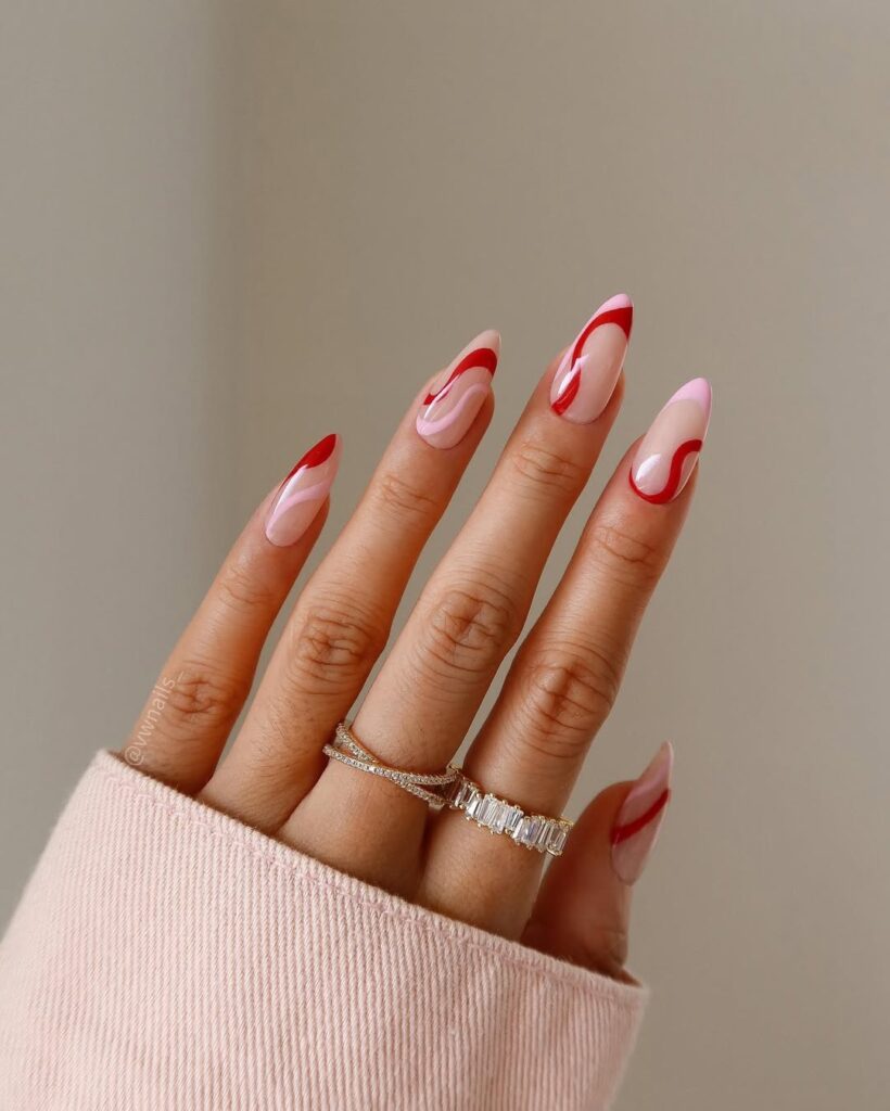 Red & Pink Swirl Nails