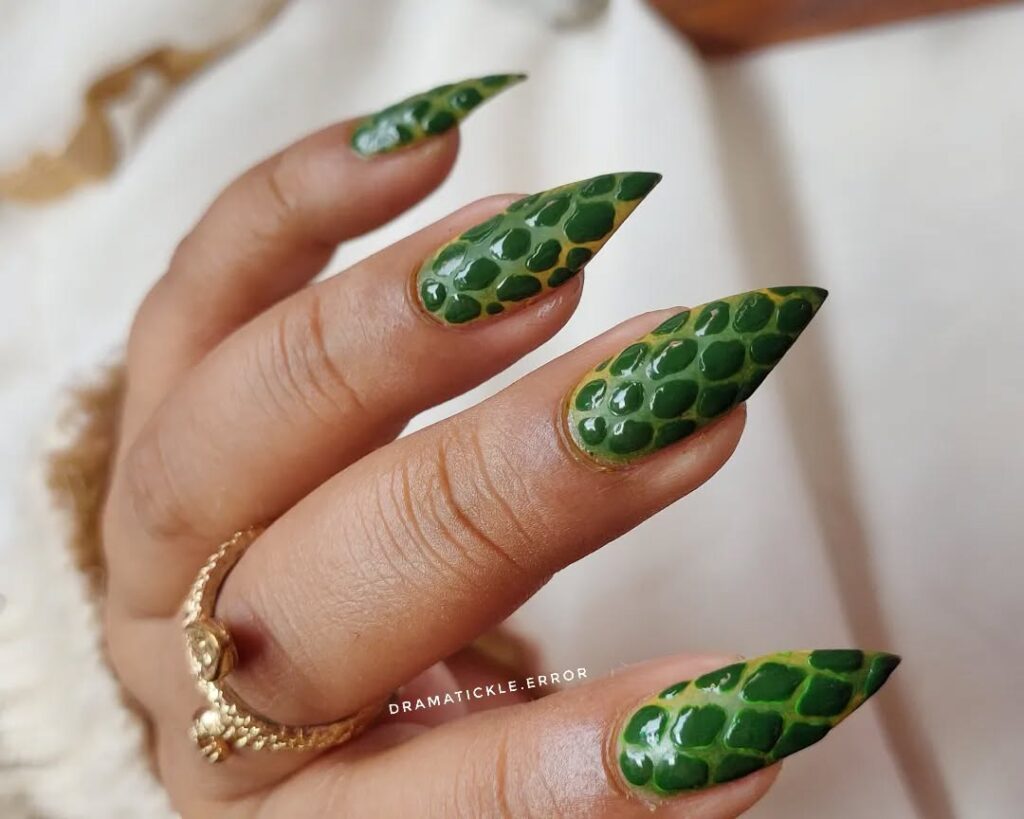 Green Snake Print Nails