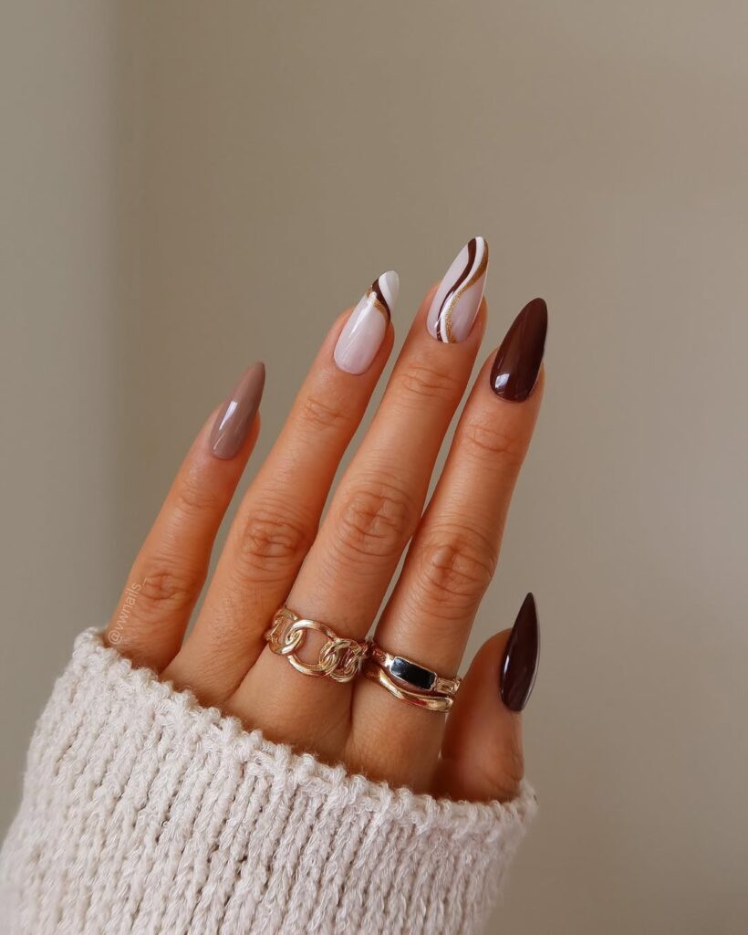 Brown and White Abstract Nails