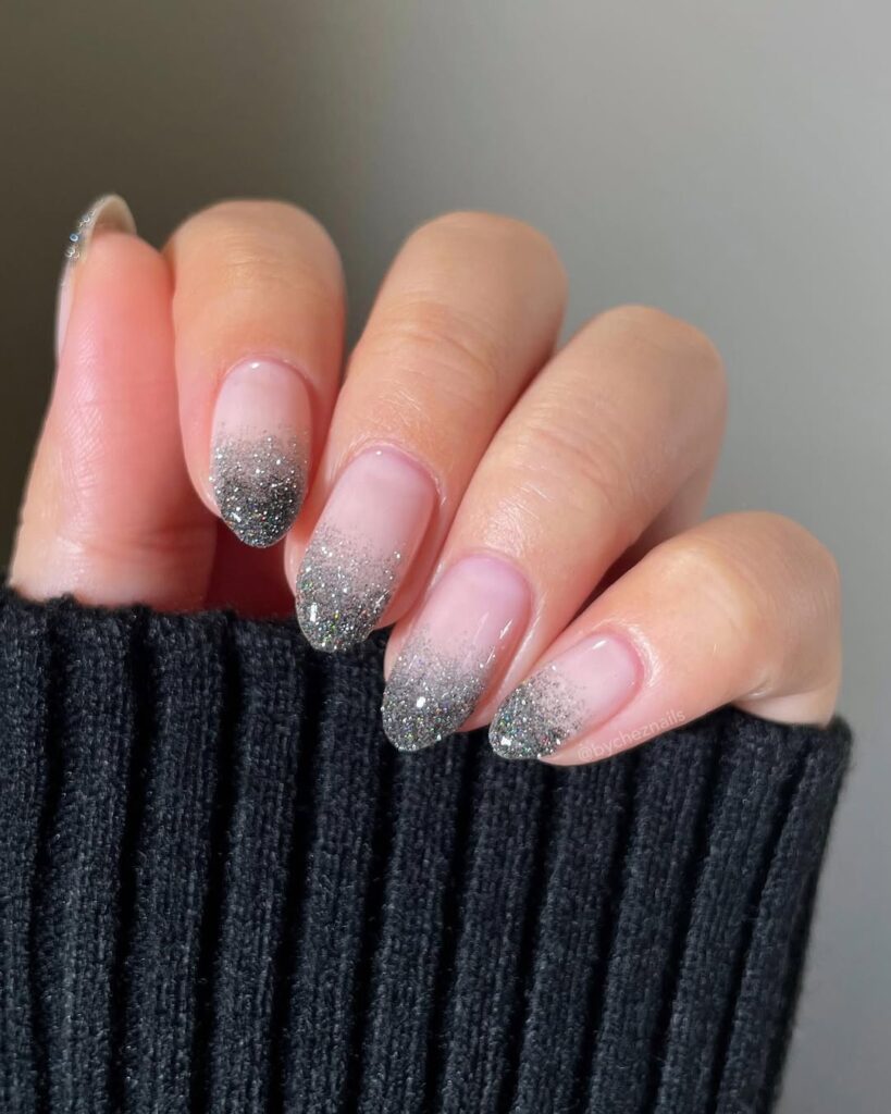 Black & Silver Glitter French Tips