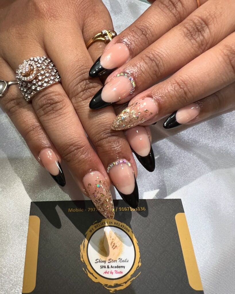 Glossy Black French Tips with Rhinestones