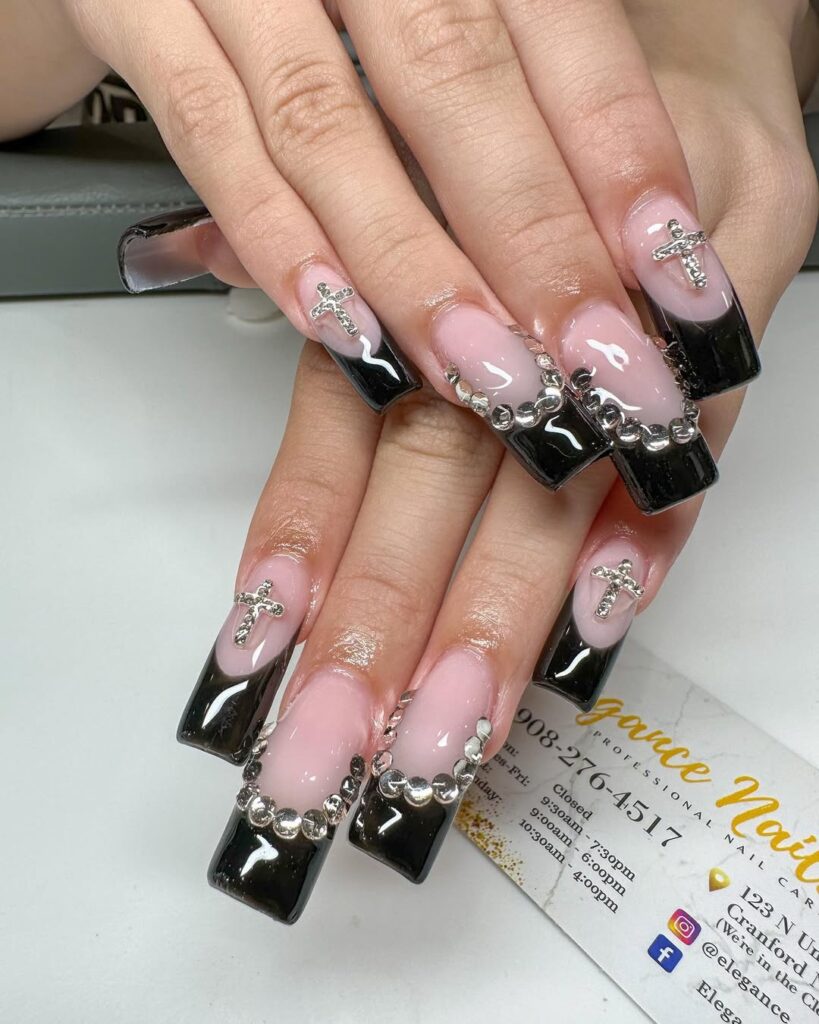 French Tips with Rhinestones
