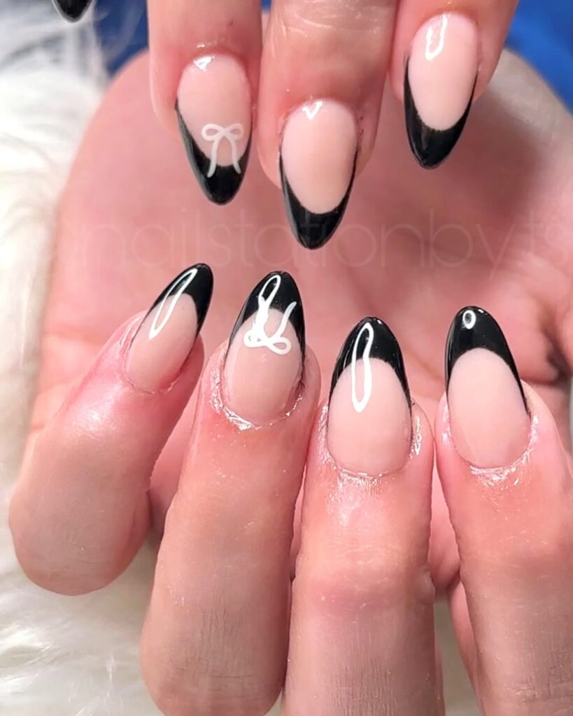 Black French Tips with Bow Details