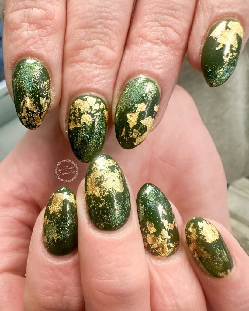 Green and Gold Foil Accent Nails