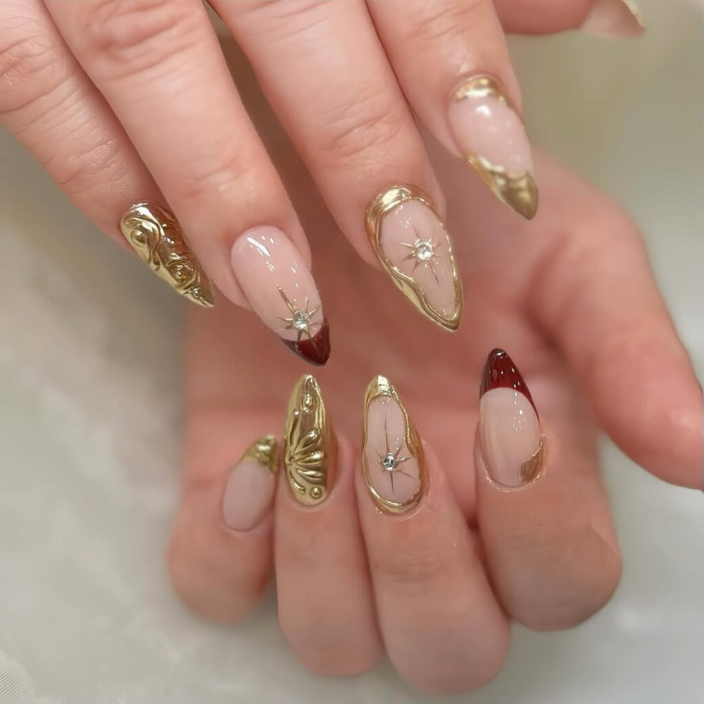 Almond Nails with Foil & Metallic Accents