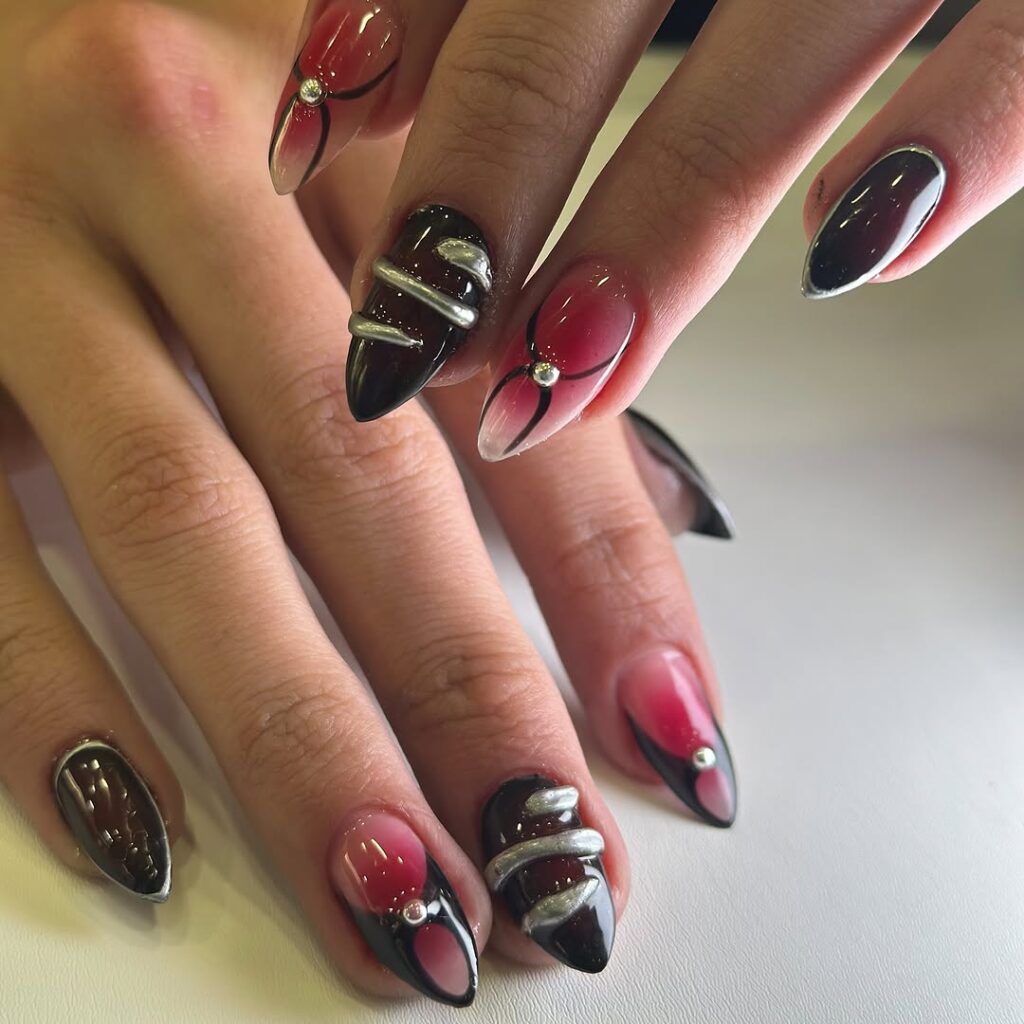 Black French Tips with Red Accents